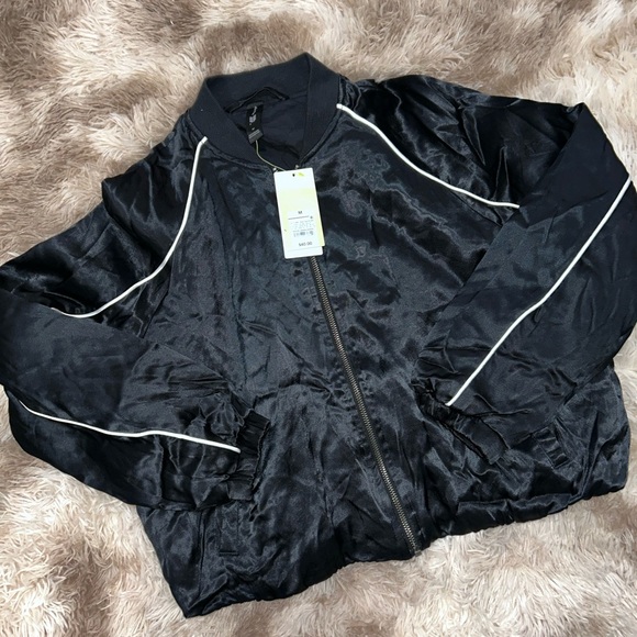 NWT All in Motion, Women's Piped Black Track Varsity Jacket, Elastic Waist Silky - Picture 5 of 5